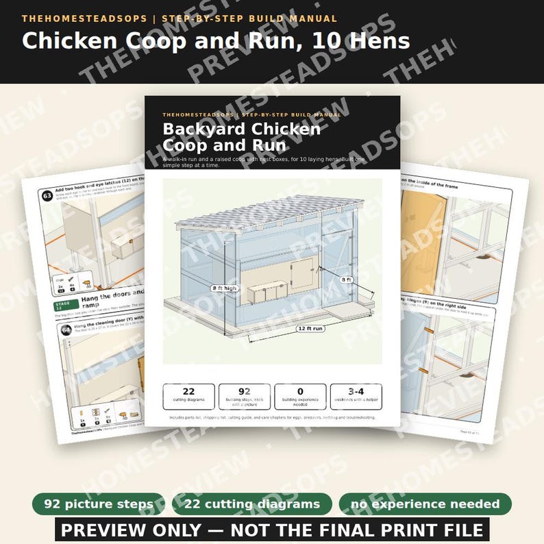 Planos para gallinero / Instrucciones paso a paso con imágenes / Gallinero y corral para 10 gallinas (para principiantes) / Manual de construcción en PDF imprimible imagen 1