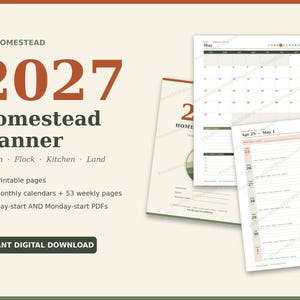 2027 Homestead Planner Printable, Weekly Monthly Garden Animal Farm Calendar PDF, Sunday Monday Start, Instant Download image 1