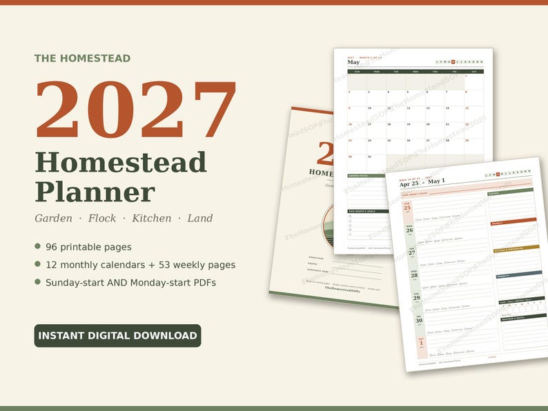 2027 Homestead Planner Printable, Weekly Monthly Garden Animal Farm Calendar PDF, Sunday Monday Start, Instant Download image 1
