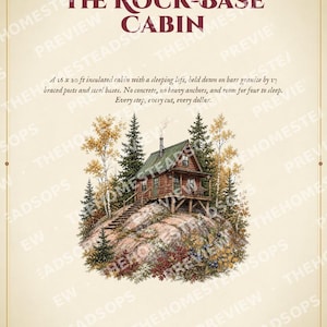 May include: A build guide titled THE ROCK-BASE CABIN featuring a 16 x 20 ft insulated cabin illustration on a granite rock. Text includes: A 16 x 20 ft insulated cabin with a sleeping loft, held down on bare granite by 17 braced posts.