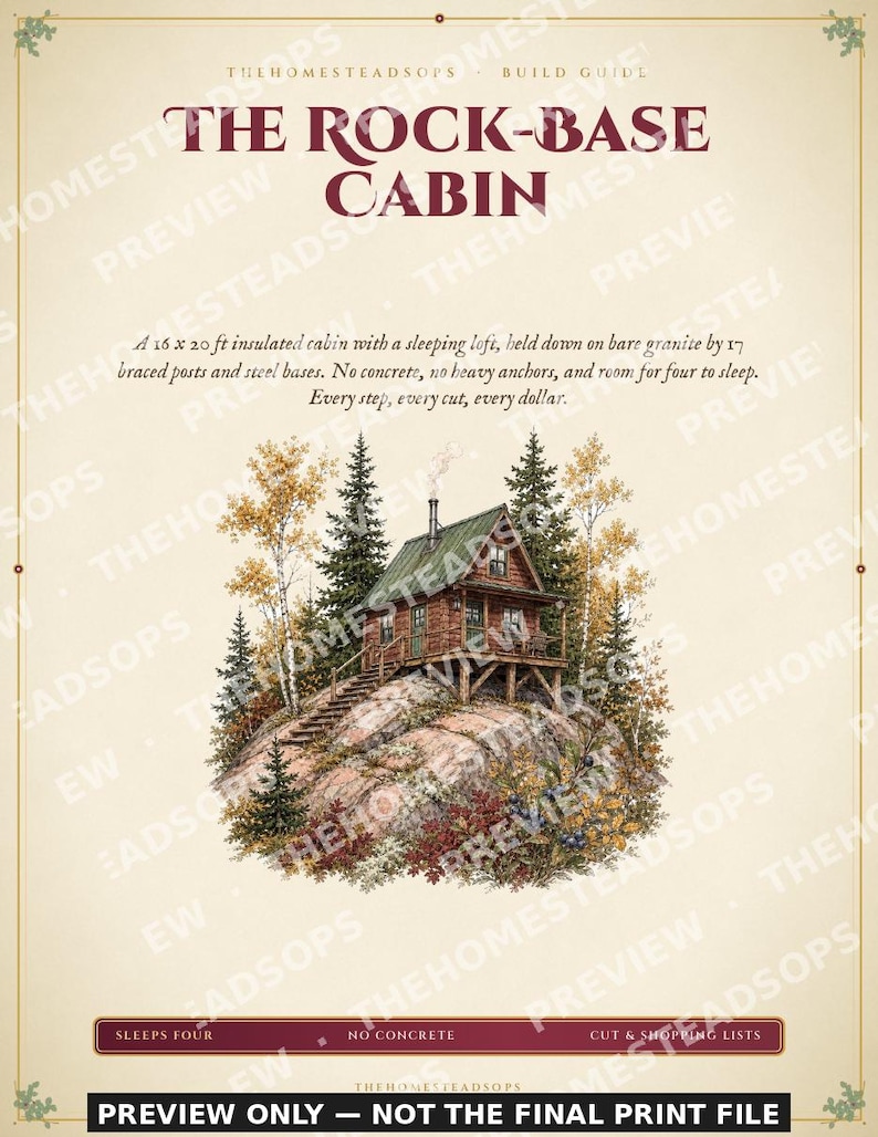 Cabin Build Plans PDF | Off Grid Cabin on Rock or Slope | 16x20 Loft Cabin Guide, Sleeps 4 | DIY Post Foundation, No Concrete image 1