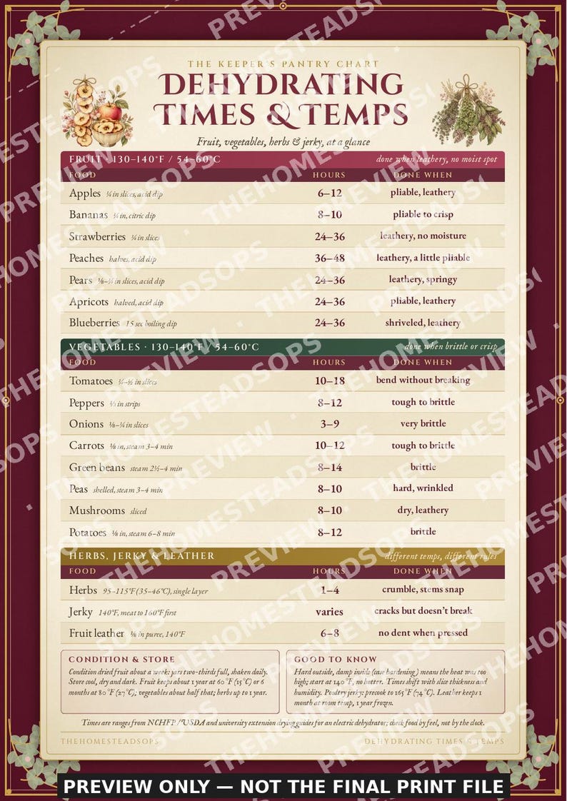 Dehydrating Times and Temps Chart | Printable Food Dehydrator Guide | Cute Kitchen Wall Art | Fruit Vegetable Herb Jerky Reference image 5