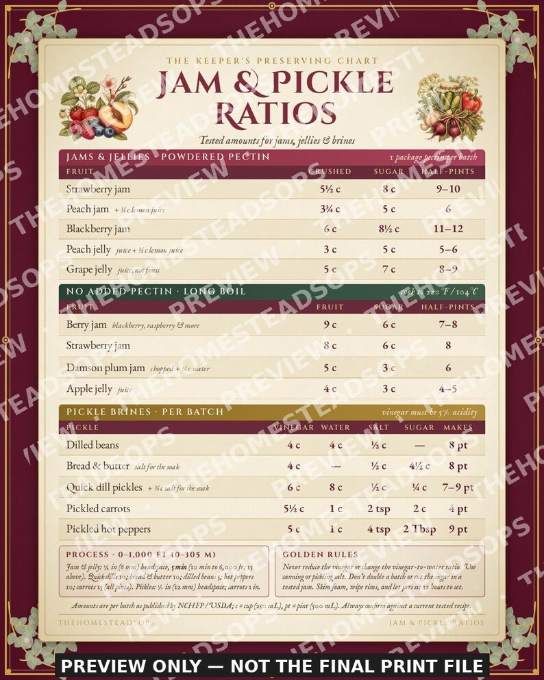 Tabla de proporciones para mermeladas y encurtidos / Lámina decorativa para la pared de la cocina (imprimible) / Referencia para conservas de mermelada, jalea, encurtidos y salmuera / Bonita lámina para conservas imagen 2