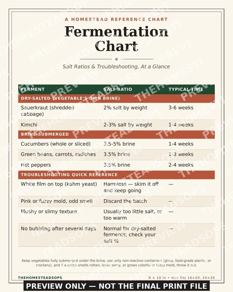 Fermentation Chart | Printable Kitchen Wall Art | Salt Ratio & Troubleshooting Reference | Instant Download image 1
