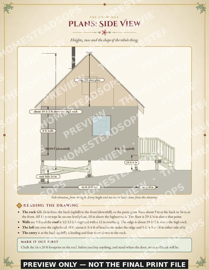 Cabin Build Plans PDF | Off Grid Cabin on Rock or Slope | 16x20 Loft Cabin Guide, Sleeps 4 | DIY Post Foundation, No Concrete image 3