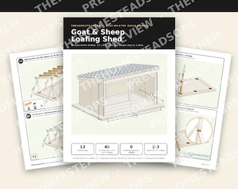 Könnte beinhalten: Eine digitale Bauanleitung für einen 12 x 8 Fuß großen Ziegen- und Schafunterstand. Das Deckblatt zeigt eine 3D-Illustration der offenen Struktur mit Maßen, 13 Zuschnittschritten, 46 Bauschritten und einer Anforderung von 0 Bauerfahrung.