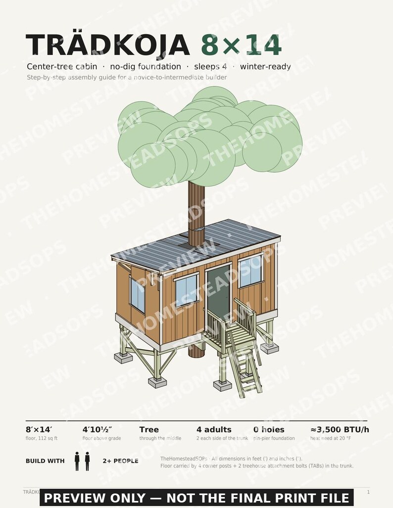 TRADKOJA 8x14 Treehouse Cabin Build Guide | DIY Center-Tree Cabin Plans | No-Dig Foundation | Printable PDF image 1
