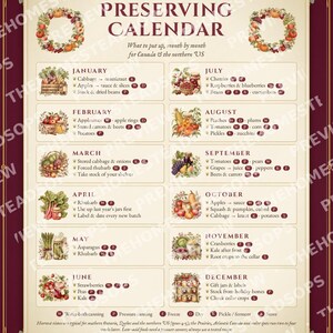 Calendario de conservación imprimible / Guía mensual de enlatado, liofilización y secado / Bonitos adornos de pared para la cocina / Tabla de cosecha estacional imagen 2