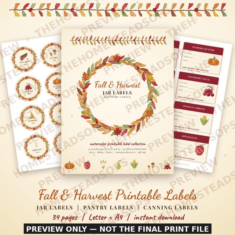 Fall Pantry Labels Printable | Autumn Jar Labels, Harvest Kitchen, Spice, Canning and Mason Jar Labels | Watercolor Pumpkin Spice Set image 1