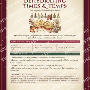 Dehydrating Times and Temps Chart | Printable Food Dehydrator Guide | Cute Kitchen Wall Art | Fruit Vegetable Herb Jerky Reference image 6