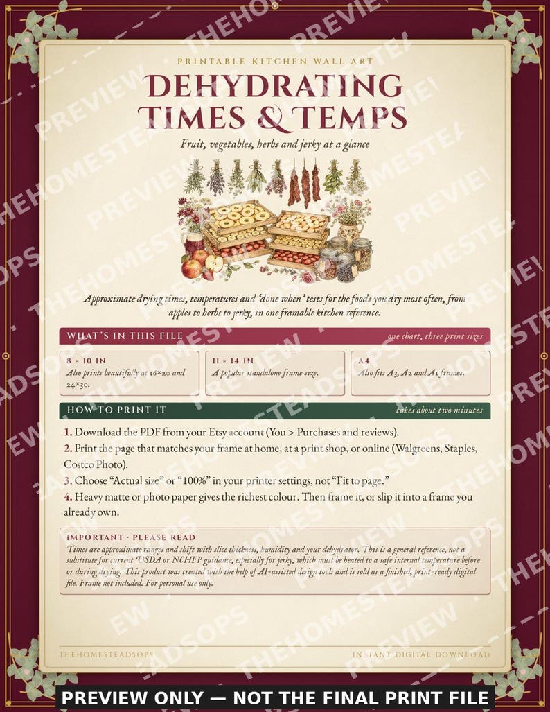 Dehydrating Times and Temps Chart | Printable Food Dehydrator Guide | Cute Kitchen Wall Art | Fruit Vegetable Herb Jerky Reference image 6