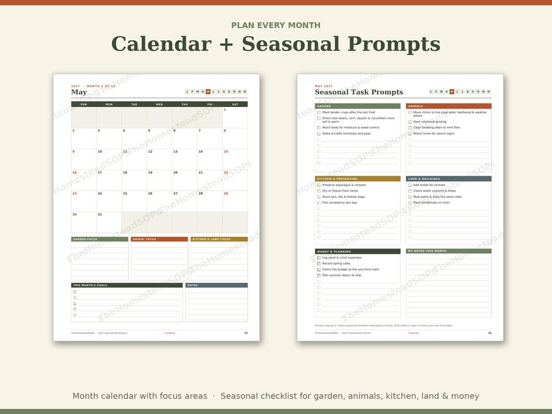 2027 Homestead Planner Printable, Weekly Monthly Garden Animal Farm Calendar PDF, Sunday Monday Start, Instant Download image 3