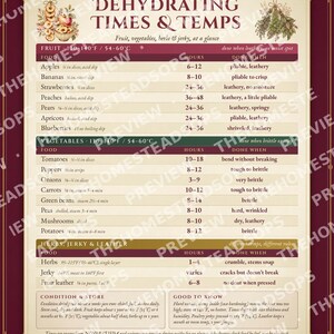 Dehydrating Times and Temps Chart | Printable Food Dehydrator Guide | Cute Kitchen Wall Art | Fruit Vegetable Herb Jerky Reference image 4