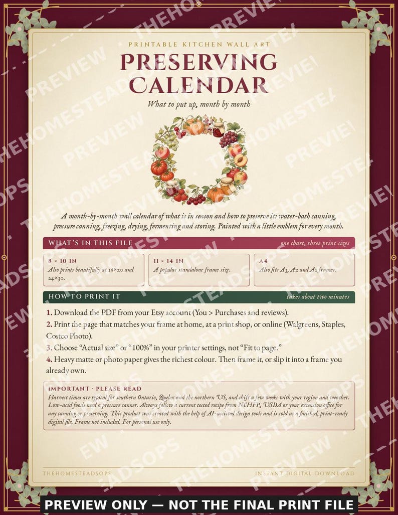 Calendario de conservación imprimible / Guía mensual de enlatado, liofilización y secado / Bonitos adornos de pared para la cocina / Tabla de cosecha estacional imagen 6