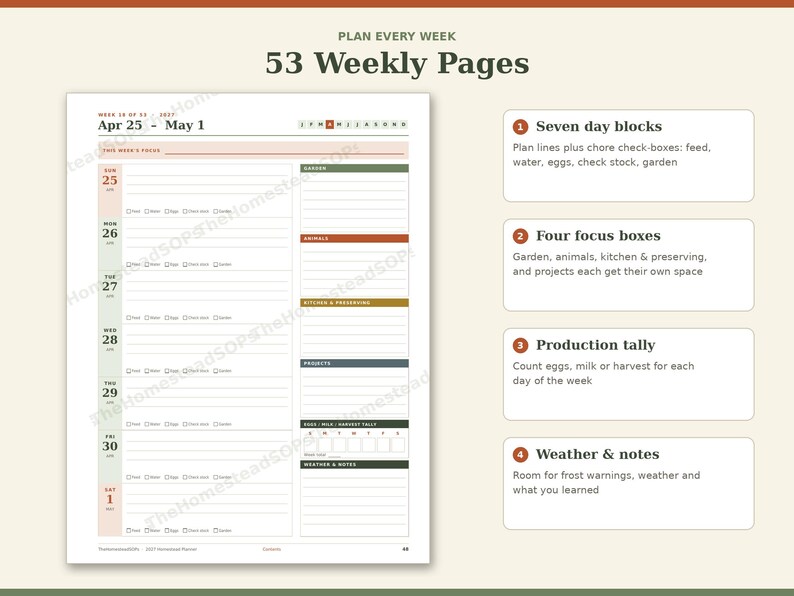 2027 Homestead Planner Printable, Weekly Monthly Garden Animal Farm Calendar PDF, Sunday Monday Start, Instant Download image 4