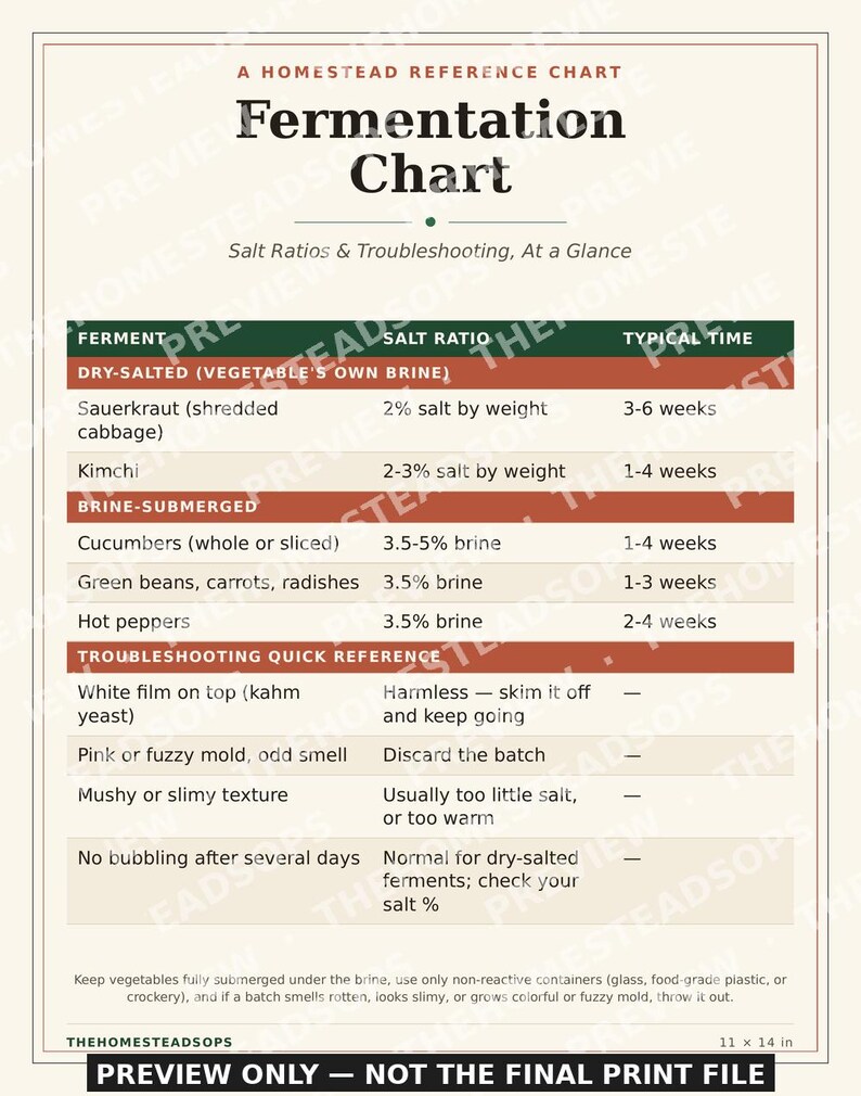 Fermentation Chart | Printable Kitchen Wall Art | Salt Ratio & Troubleshooting Reference | Instant Download image 3