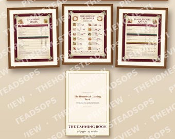 May include: A preserving starter bundle featuring three framed kitchen wall charts titled Canning Times, Preserving Calendar, and Jam & Pickle Ratios, alongside a book titled The Homestead Canning Book with 56 pages and 25 recipes.