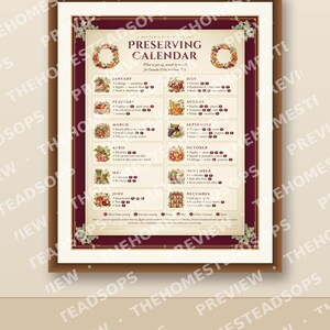 Calendario de conservación imprimible / Guía mensual de enlatado, liofilización y secado / Bonitos adornos de pared para la cocina / Tabla de cosecha estacional imagen 1