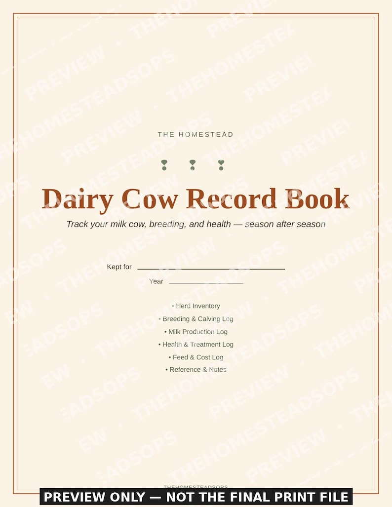 Dairy Cow Record Book | Milk Cow Keeping Log | Breeding & Health Tracker | Printable PDF image 1