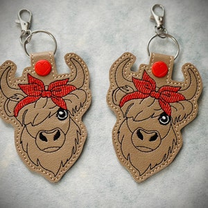 Highland cow/cattle embroidered snap tab keychain bag tag