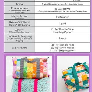May include: A sewing pattern for a Patchwork Duffle Mini bag with dimensions 25.4 cm H by 44.45 cm W by 21.59 cm D. The document lists yardage requirements, hardware, and zipper needs, featuring images of finished colourful quilted duffle bags.
