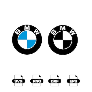 Può includere: Due loghi circolari BMW sono visualizzati fianco a fianco, uno con quadranti blu e bianchi e l'altro in bianco e nero. Sotto ci sono quattro icone di formato file etichettate SVG, PNG, DXF ed EPS, ciascuna rappresentata da un simbolo.