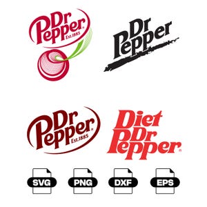 May include: A collection of four Dr Pepper logo variations including a red logo with a cherry graphic, a black stylized logo, a standard red Dr Pepper logo, and a red Diet Dr Pepper logo, accompanied by four file format icons labeled SVG, PNG, DXF, and EPS.