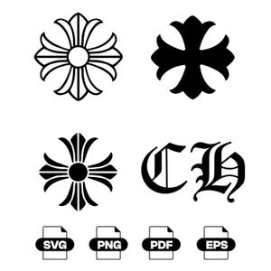 K&ouml;nnte beinhalten: Ein digitales Grafikset mit drei schwarzen Kreuzsymbolen mit verzierten, ausgestellten Armen und einem stilisierten schwarzen Buchstaben CH in gotischer Schrift. Unter den Symbolen befinden sich vier wei&szlig;e Dokumentsymbole mit der Beschriftung SVG, PNG, PDF und EPS.