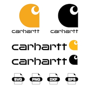 Può includere: Una collezione di loghi del marchio Carhartt in giallo e nero, caratterizzati dall'iconico emblema a forma di C e dalla parola carhartt in un carattere stilizzato. Sotto i loghi ci sono quattro icone di formato file etichettate SVG, PNG, DXF ed EPS.