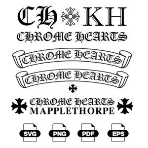 K&ouml;nnte beinhalten: Eine Sammlung schwarzer Grafikdesigns mit dem Text CH, KH und CHROME HEARTS in gotischer Schrift, begleitet von Kreuzsymbolen und Bannern. Das Bild enth&auml;lt das Wort MAPPLETHORPE sowie vier Dateiformat-Symbole mit der Beschriftung SVG, PNG, PDF und EPS.