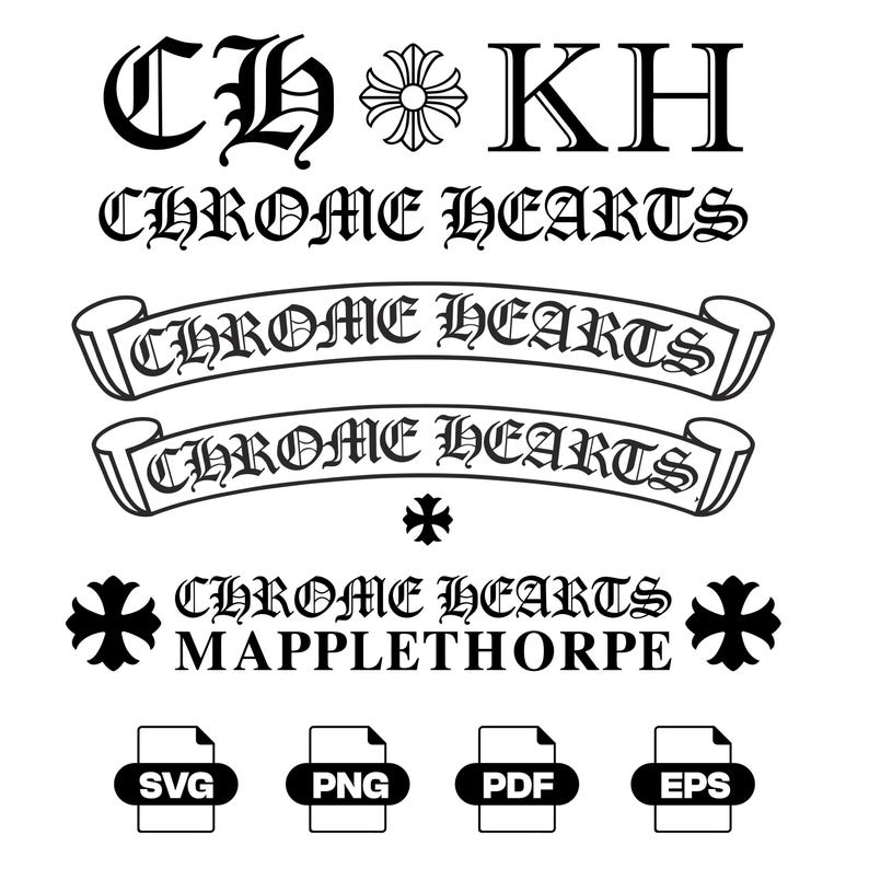 K&ouml;nnte beinhalten: Eine Sammlung schwarzer Grafikdesigns mit dem Text CH, KH und CHROME HEARTS in gotischer Schrift, begleitet von Kreuzsymbolen und Bannern. Das Bild enth&auml;lt das Wort MAPPLETHORPE sowie vier Dateiformat-Symbole mit der Beschriftung SVG, PNG, PDF und EPS.