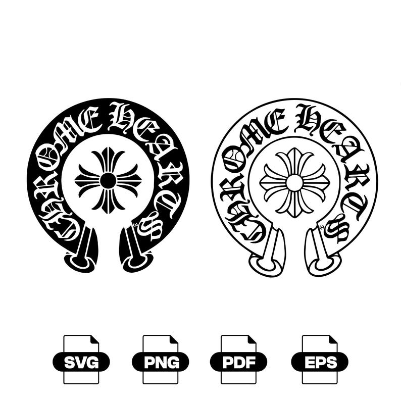 K&ouml;nnte beinhalten: Zwei kreisf&ouml;rmige Grafikdesigns mit dem Text CHROME HEARTS in gotischer Schrift um ein zentrales Kreuz-Emblem. Ein Design ist eine massive schwarze Silhouette, das andere eine schwarze Kontur. Vier Dateiformat-Symbole mit der Beschriftung SVG, PNG, PDF und EPS.