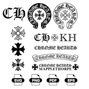May include: A collection of black and white graphic designs featuring the text CHROME HEARTS, CH, and KH, alongside various cross symbols and circular emblems. At the bottom, four file format icons are labelled SVG, PNG, PDF, and EPS.