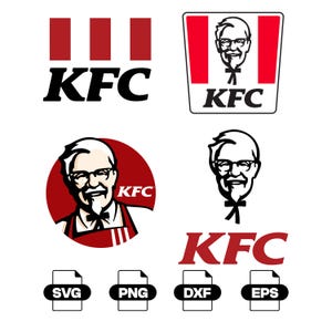May include: A collection of KFC logos featuring the stylized portrait of Colonel Sanders in red, white, and black, alongside the text KFC. Below are four file format icons labeled SVG, PNG, DXF, and EPS, representing digital graphic assets.
