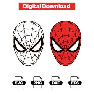 May include: A digital download graphic featuring two stylized superhero mask illustrations. One mask is a black and white line drawing, and the other is red with black webbing and white eye lenses. Below are four file format icons labeled SVG, PNG, DXF, and EPS.