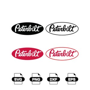 May include: Four variations of the Peterbilt logo displayed in an oval shape, featuring two solid-filled versions in black and red, and two outlined versions in black and red. Below are four file format icons labeled SVG, PNG, DXF, and EPS.