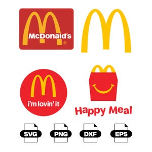 May include: A collection of McDonald's logos and icons including the golden arches, the red rectangular logo with text, a red circle with the text i'm lovin' it, a red Happy Meal box icon, and four file format labels: SVG, PNG, DXF, and EPS.