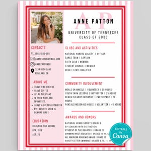May include: A resume template featuring a pink and white striped border with a red frame. It includes a photo placeholder, the name Anne Patton, University of Tennessee Class of 2030, contact details, clubs, activities, about me, education, and awards.