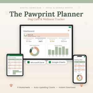 Dog Care Planner Spreadsheet Pet Health Tracker Google Sheets & Excel Vaccine, Vet, Feeding, Grooming, and Expense Log Instant Download