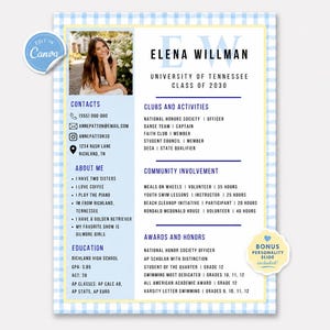 Sorority Rush CV-mall Blue Gingham Canva Rush Packet Rekryterings-CV och personlighetsportal Direktnedladdning