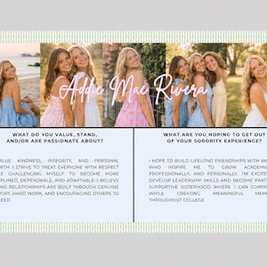 May include: A rectangular informational card featuring the name Addie Mac Rivera in pink script over a collage of seven photos of a young person in various outdoor settings. The lower section contains two text blocks with questions and answers.