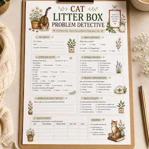 May include: A printed paper form titled Cat Litter Box Problem Detective on a brown clipboard. The form includes sections for tracking cat behavior, litter box setup, medical considerations, and notes, decorated with illustrations of cats and plants.