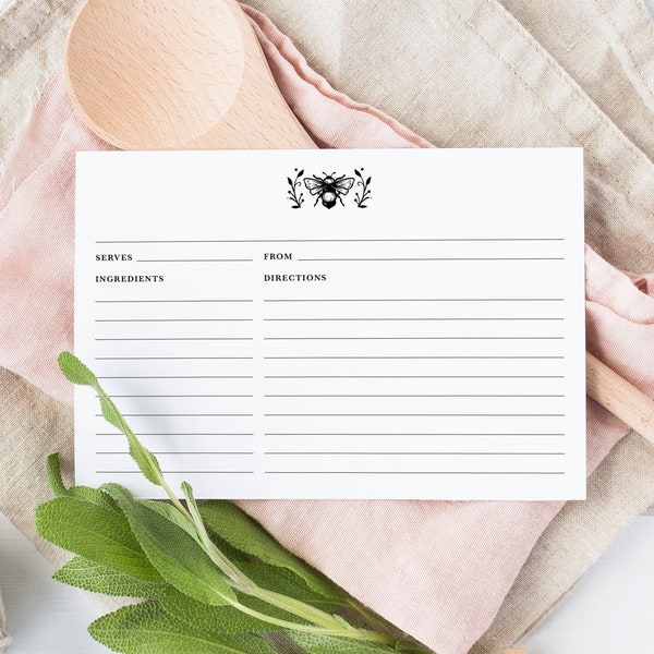 Bumble Bee Recipe Card Set for Recipe Box, Printed Recipe Cards | Bridal Shower Gift |   Housewarming & Hostess Gift | Mother's Day