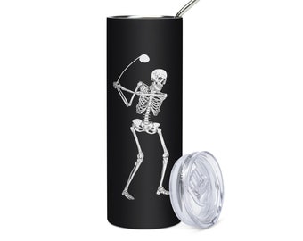 Black Stainless steel tumbler with Skeleton Golfer // Sustainable drink ware // Gift for Golfer