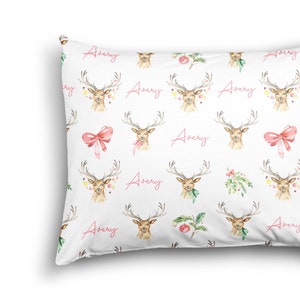 PERSONALIZED CHRISTMAS Kids Name Pillowcase and Toddler Pillowcase Christmas Reindeer and Pink Bows Kids Christmas Personalized Pillowcase