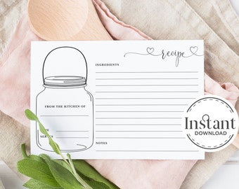 PRINTABLE Recipe Card  |  Mason Jar Recipe Card | Instant Download | Bridal Shower, Housewarming Gift, Meal Planning
