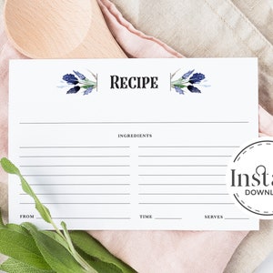 PRINTABLE Recipe Card , Instant Download Lavender Recipe Card, Bridal ...