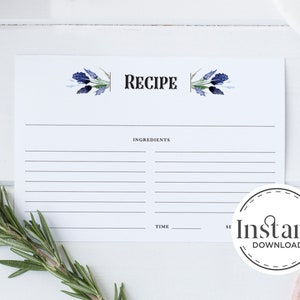 PRINTABLE Recipe Card , Instant Download Lavender Recipe Card, Bridal ...