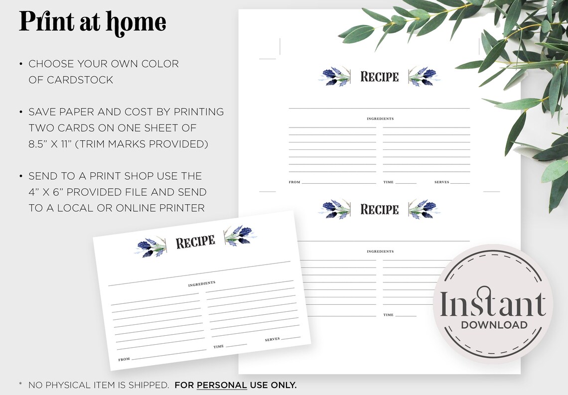 PRINTABLE Recipe Card Instant Download Lavender Recipe | Etsy