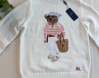 Maglione in cotone bianco con orsetto RL Polo / Maglione classico ricamato / Regalo per lei